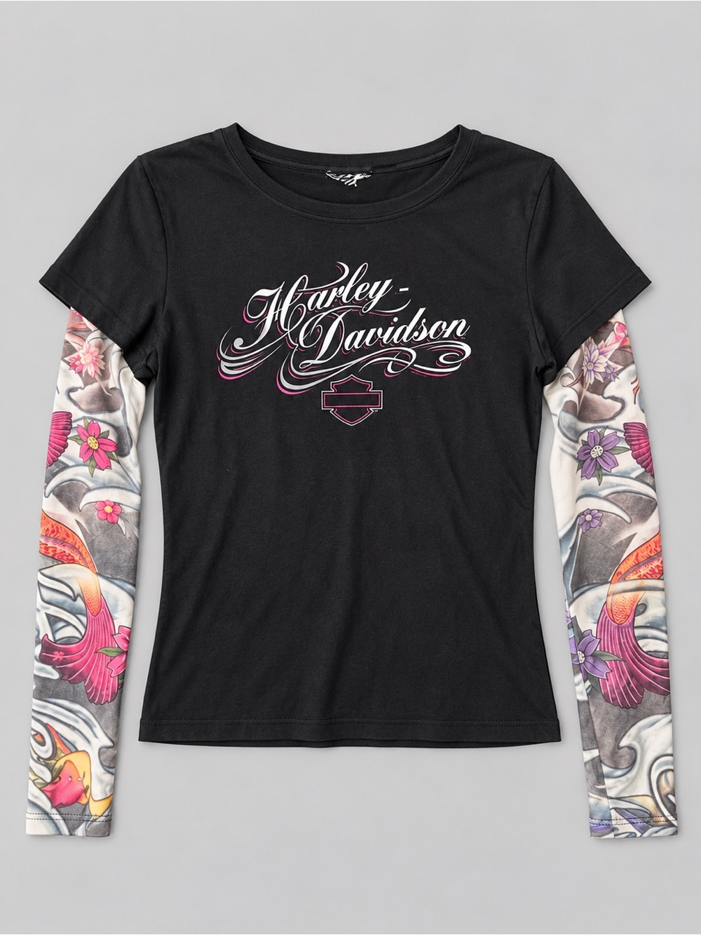 Harley-Davidson Y2K Tattoo Sleeve Koi Floral Layered Graphic Top